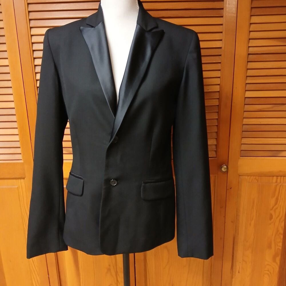 RALPH Ralph Lauren Women's Black 100% Wool Tuxedo Blazer Satin Lapel Size Medium - Picture 2 of 10